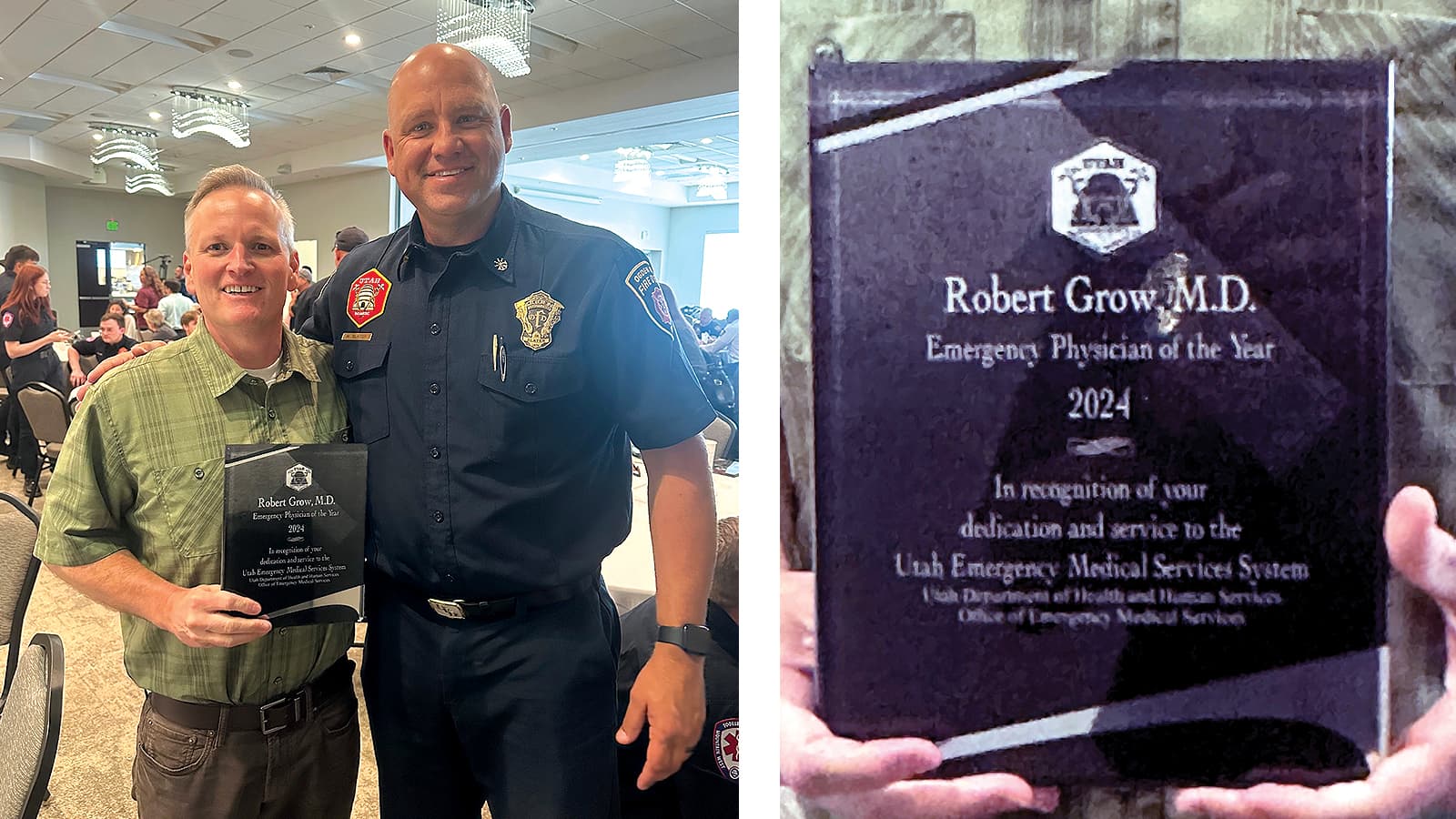 Two photos: one of two men standing together and another of a plaque