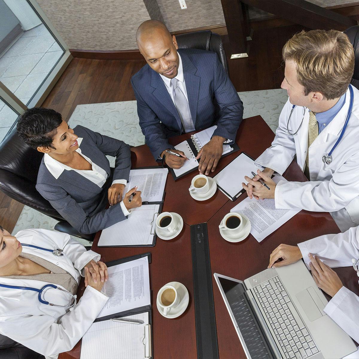 Interracial group of businessmen, businesswomen, and doctors meeting in hospital boardroom